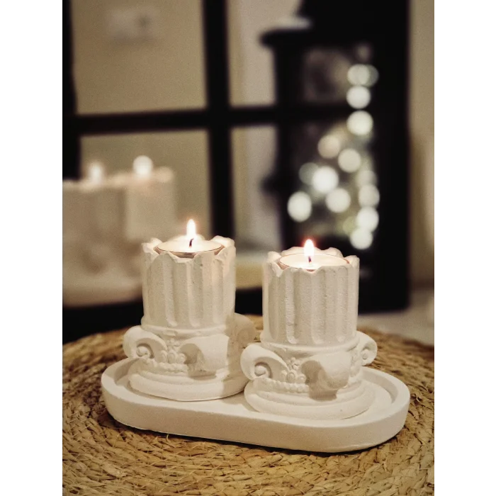 Tepside Dekoratif 2li Yıkılmış Roma Sütunu Tealight Mumluk 8cm ve 2 Adet Tealight Mum Hediyeli