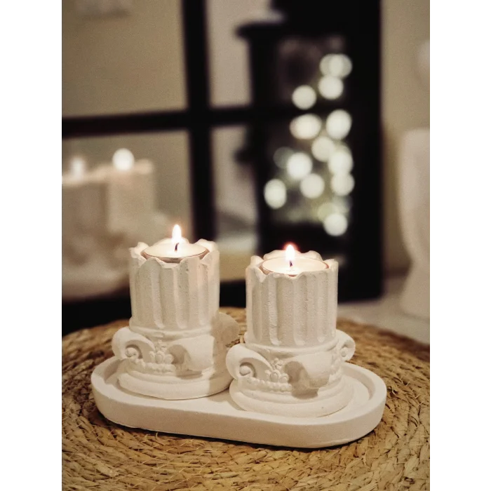 Tepside Dekoratif 2li Yıkılmış Roma Sütunu Tealight Mumluk 8cm ve 2 Adet Tealight Mum Hediyeli