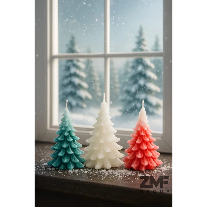 Üçlü Yılbaşı Temalı Dekoratif Çam Ağacı Mum Kırmızı Yeşil Beyaz