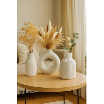 3lü Bohem Konik Halka Pampas Vazo Seti Hediyelik Dekoratif Eşya