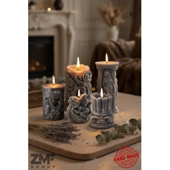 5li Antik Mum Seti - Gri Mermer Desen Özel Seri Tamamı Mum