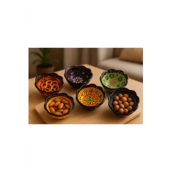 6lı Çeşitli Çini işlemeli Sosluk Çerezlik Sunumluk Kase Tabak