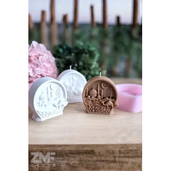 Ramazan Temalı Silikon Kalıp Yuvarlak Form Sahra Mescit ve Hilal Desenli Mum Taştozu Epoksi