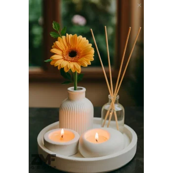 Dekoratif 5li Set Tepside Vazo, Sandal Ağacı Kokulu Mum, Tealight Mumluk ve Oda Kokusu