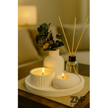 Dekoratif Tepside 5 Li Set Çizgili Vazo, Vanilya Kokulu Mum, Tealight Mumluk, Oda Kokusu