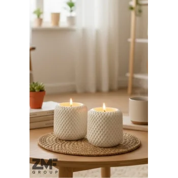 Hasır Örgü Desenli 2 Adet Beyaz Beton Sandal Ağacı Kokulu Mum
