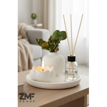 Hediyelik Tepside İskandinav Vazo Bebek Pudrası Kokulu Lotus Mum ve Oda Kokusu