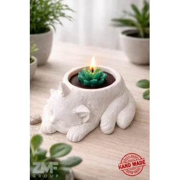 Kedi Detaylı Sukulent Saksı İçinde Dekoratif Mum