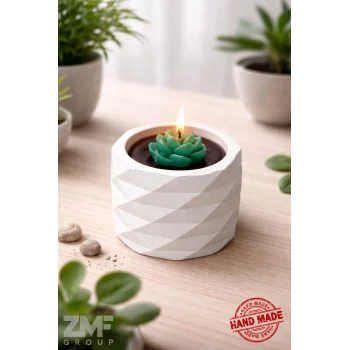 Beton Geometrik Saksı İçinde Dekoratif Sukulent Mum