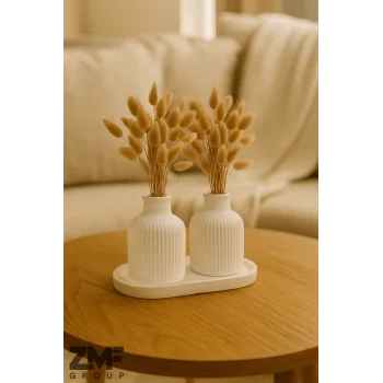 Pampas Vazo Takımı 2li Beyaz Beton Ev Dekorasyonu Stant Dahildir