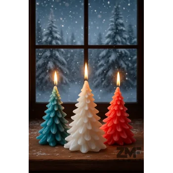 Üçlü Yılbaşı Temalı Dekoratif Çam Ağacı Mum Kırmızı Yeşil Beyaz