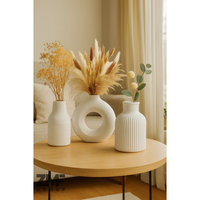 3lü Bohem Konik Halka Pampas Vazo Seti Hediyelik Dekoratif Eşya