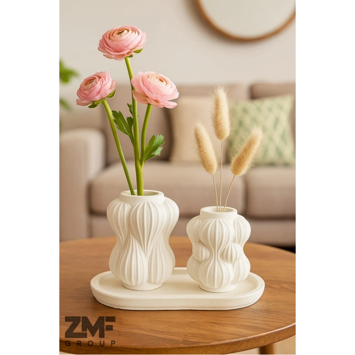 Beton Tepside 2li Dalga Formlu Vazo Seti