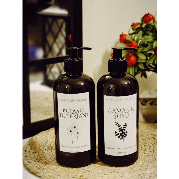 Bulaşık Deterjanı ve Çamaşır Suyu Etiketli Plastik Amber Dekoratif Şişe 500ml
