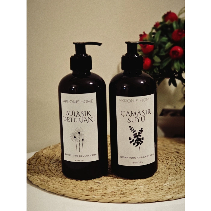 Bulaşık Deterjanı ve Çamaşır Suyu Etiketli Plastik Amber Dekoratif Şişe 500ml