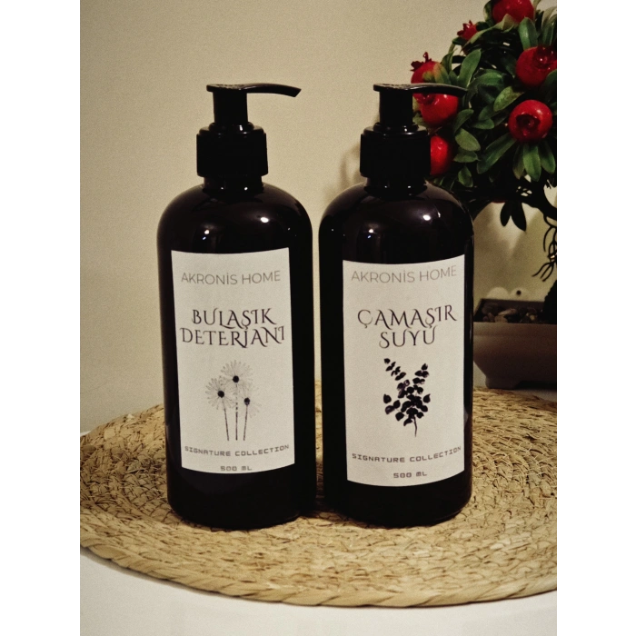 Bulaşık Deterjanı ve Çamaşır Suyu Etiketli Plastik Amber Dekoratif Şişe 500ml