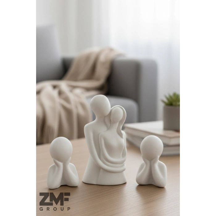 Dekoratif 2 Çocuklu Sarılan Aile Obje Biblo Seti