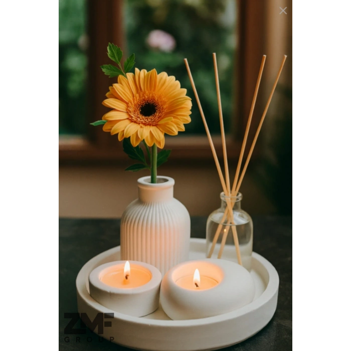 Dekoratif 5li Set Tepside Vazo, Sandal Ağacı Kokulu Mum, Tealight Mumluk ve Oda Kokusu