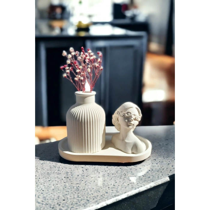 Dekoratif Kadın Figür Mini Kuru Çiçek Vazosu Set Stand Dahildir