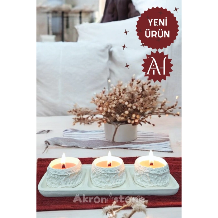 Dekoratif Tepside Kayalık Detaylı Üçlü Mum Seti