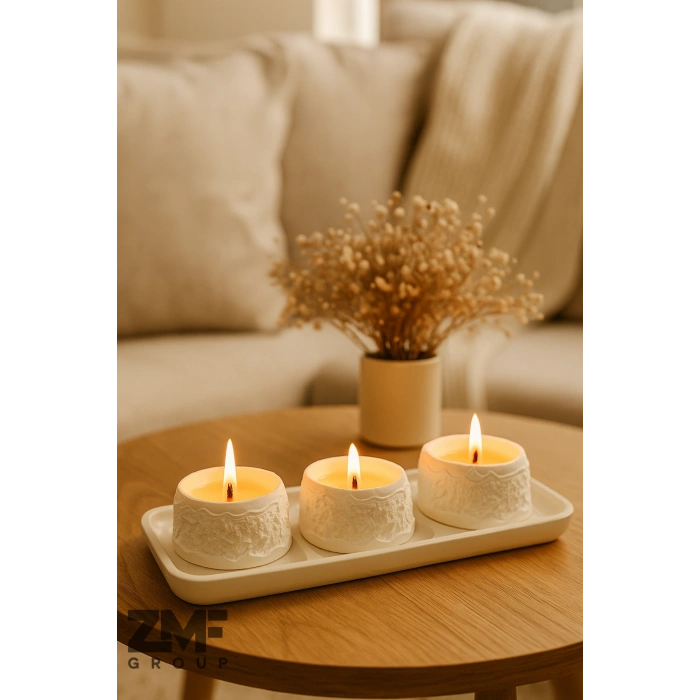 Dekoratif Tepside Kayalık Detaylı Üçlü Mum Seti
