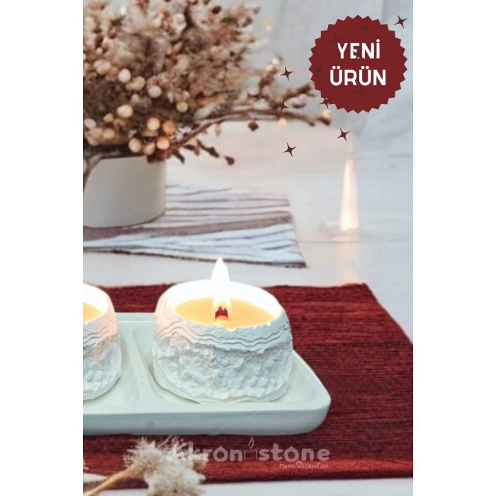 Dekoratif Tepside Kayalık Detaylı Üçlü Mum Seti