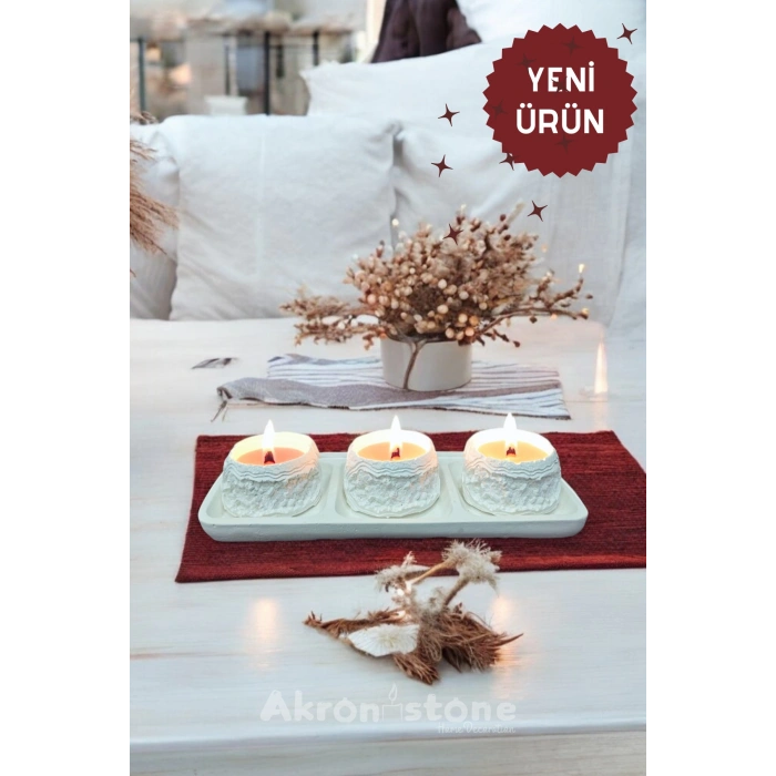 Dekoratif Tepside Kayalık Detaylı Üçlü Mum Seti