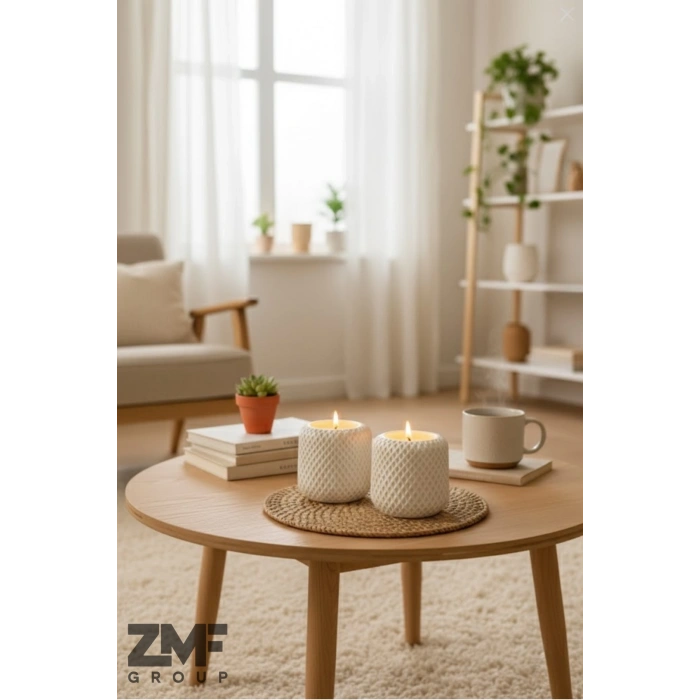 Hasır Örgü Desenli 2 Adet Beyaz Beton Sandal Ağacı Kokulu Mum