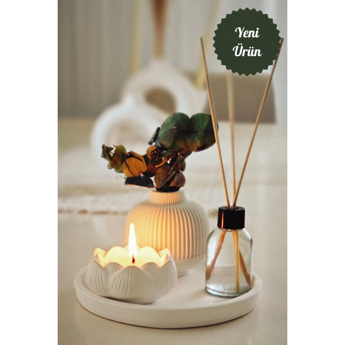 Hediyelik Tepside İskandinav Vazo Bebek Pudrası Kokulu Lotus Mum ve Oda Kokusu