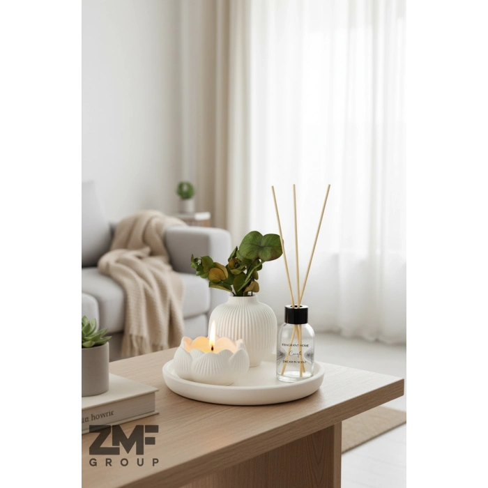 Hediyelik Tepside İskandinav Vazo Bebek Pudrası Kokulu Lotus Mum ve Oda Kokusu