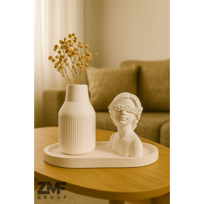 Kadın Figürlü 3lü Vazo Seti Tepsi & Konik Vazo & Biblo