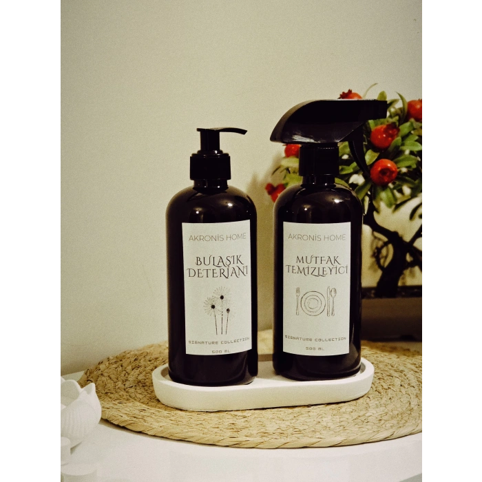 Mutfak Temızleyici ve Bulaşık Deterjanı Etiketli Dekoratif Plastik Amber Şişe 500ml