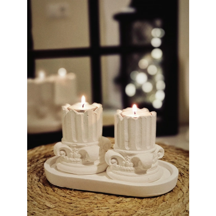 Tepside Dekoratif 2li Yıkılmış Roma Sütunu Tealight Mumluk 8cm ve 2 Adet Tealight Mum Hediyeli