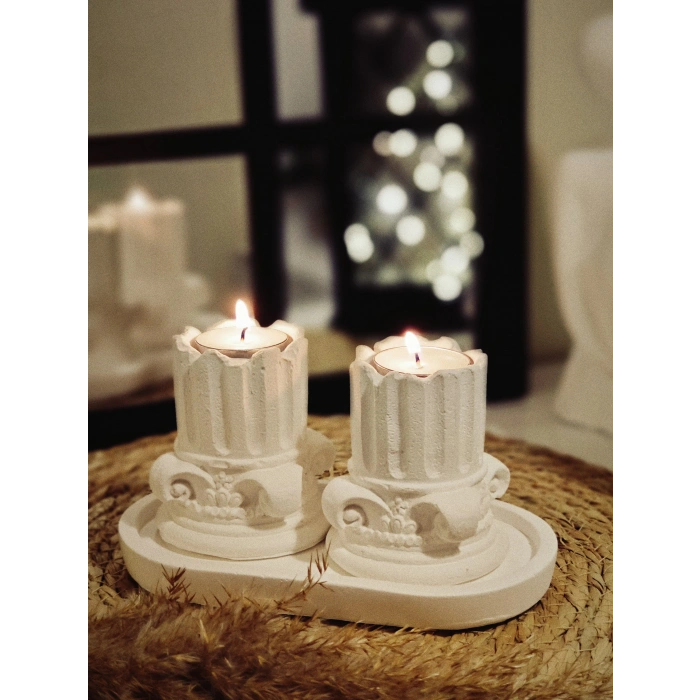Tepside Dekoratif 2li Yıkılmış Roma Sütunu Tealight Mumluk 8cm ve 2 Adet Tealight Mum Hediyeli