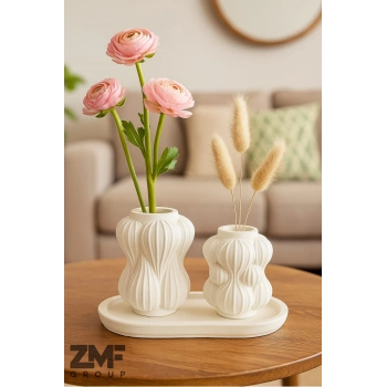 Beton Tepside 2li Dalga Formlu Vazo Seti