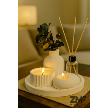 Dekoratif Tepside 5 Li Set Çizgili Vazo, Vanilya Kokulu Mum, Tealight Mumluk, Oda Kokusu