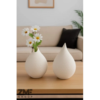 İkili Hasır Izgara Desen Beyaz Damla Vazo Set