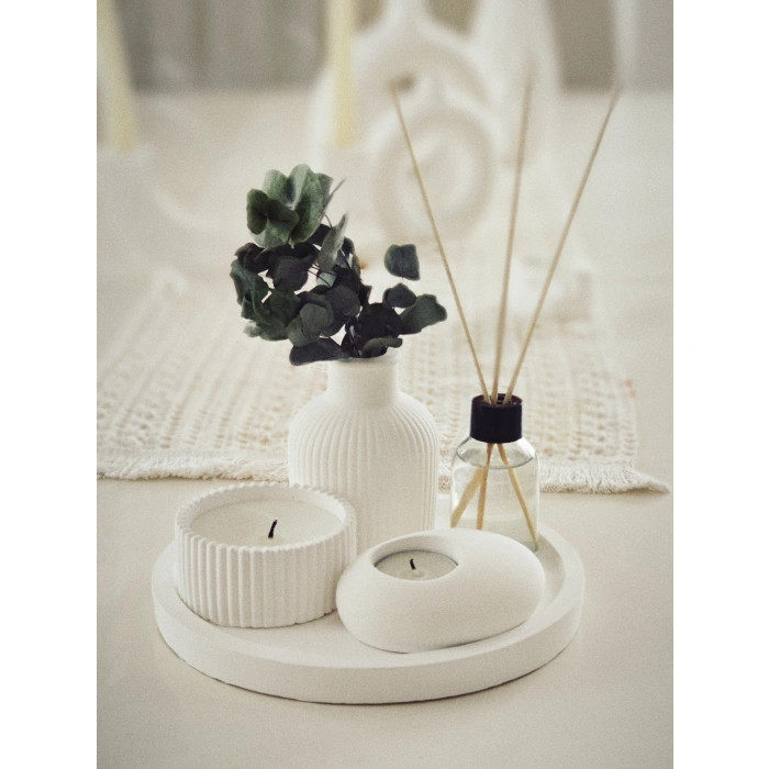 Dekoratif Tepside 5 Li Set Çizgili Vazo, Vanilya Kokulu Mum, Tealight Mumluk, Oda Kokusu