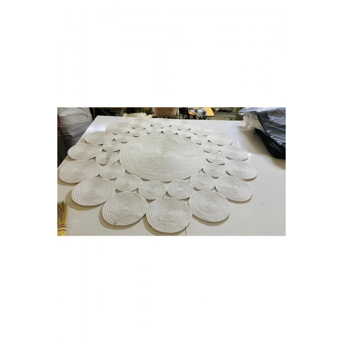 Krem Yuvarlak Örme Jüt Halı - Krem Hasır Halı - Örme Jüt Halı - Krem Jüt Halı - Krem Daire Halı