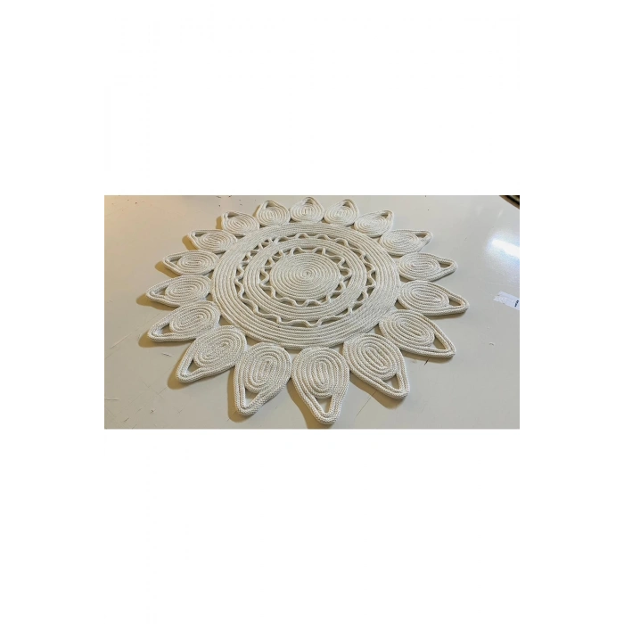 Yuvarlak Krem Jüt Halı - Şekilli Jüt Halı - Krem Hasır Halı - Modern Krem Halı