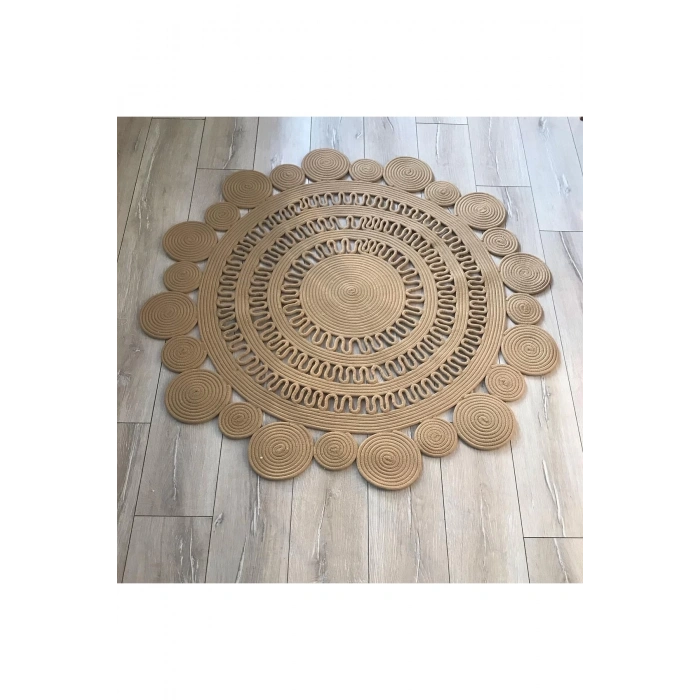 Yuvarlak Kahverengi Örme Jüt Halı - Kahverengi Hasır Halı - Kahverengi Daire Halı