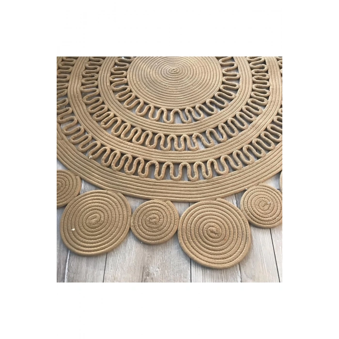 Yuvarlak Kahverengi Örme Jüt Halı - Kahverengi Hasır Halı - Kahverengi Daire Halı