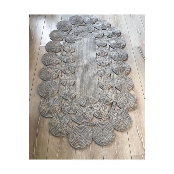 Gri Oval Hasır Halı - Gri Oval Jüt Halı - Gri Örme Jüt Halı