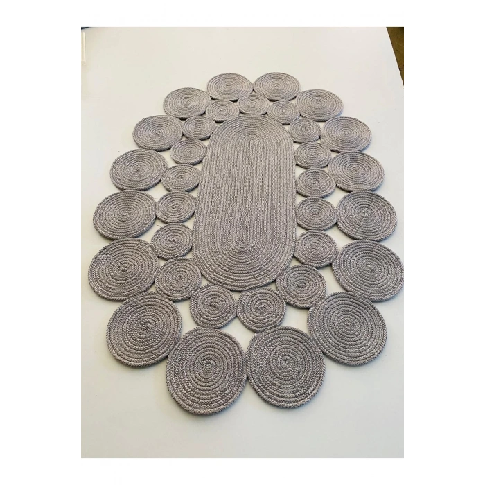 Gri Oval Hasır Halı - Gri Oval Jüt Halı - Gri Örme Jüt Halı