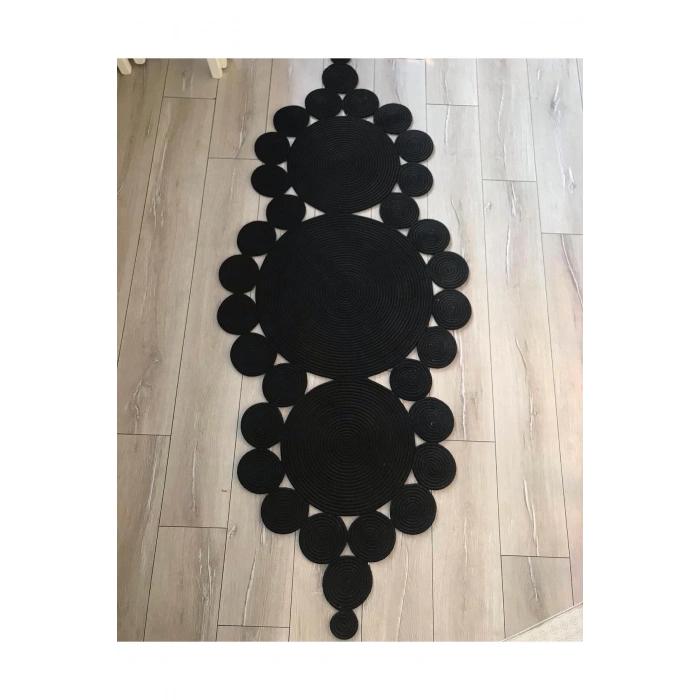 Siyah Örme Hasır Halı - Siyah Jüt Halı - Siyah Şekilli Hasır Halı