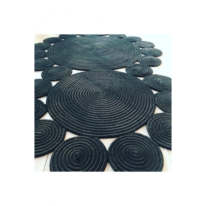 Siyah Örme Hasır Halı - Siyah Jüt Halı - Siyah Şekilli Hasır Halı