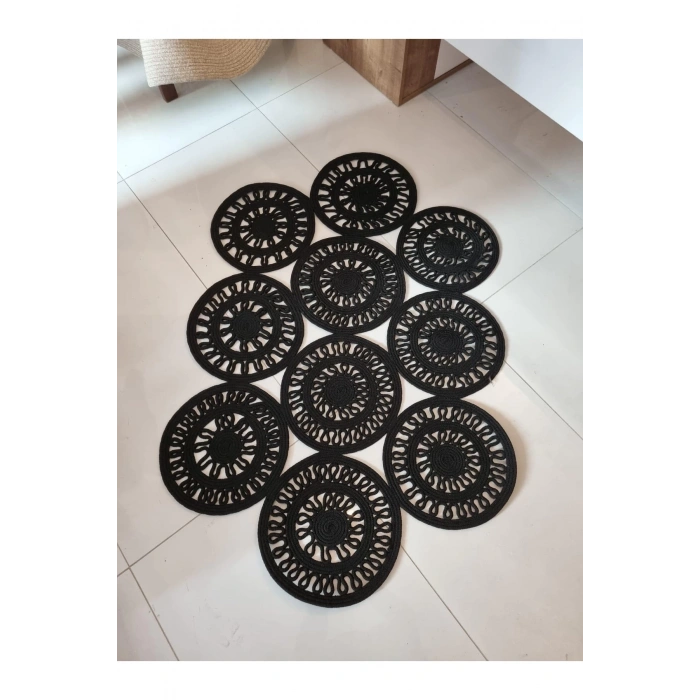 Siyah Dantel Model Hasır Halı - Dantel Model Siyah Jüt Halı - Siyah Hasır Halı