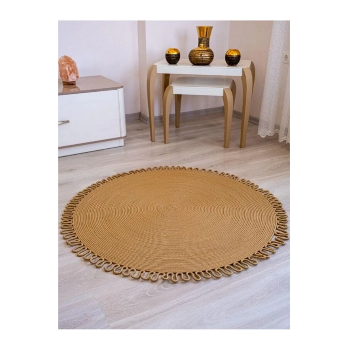 Yuvarlak Bej Örme Jüt Halı - Beyaz Hasır - Jüt Daire Halı