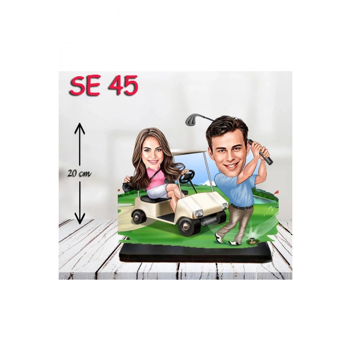 Kişiye Özel Ahşap Biblo - Golf Arabası Kullanan Çift