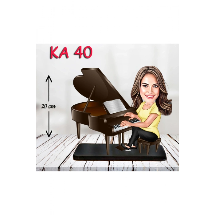 Kişiye Özel Ahşap Biblo - Piyano Çalan Kadın Karikatür Biblo